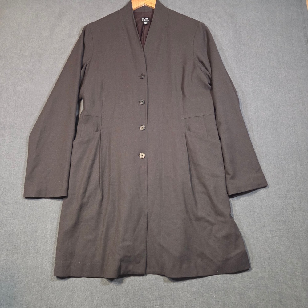 Eileen Fisher Size M Brown Italian Fabric Wool Button-Front Long Blazer Jacket